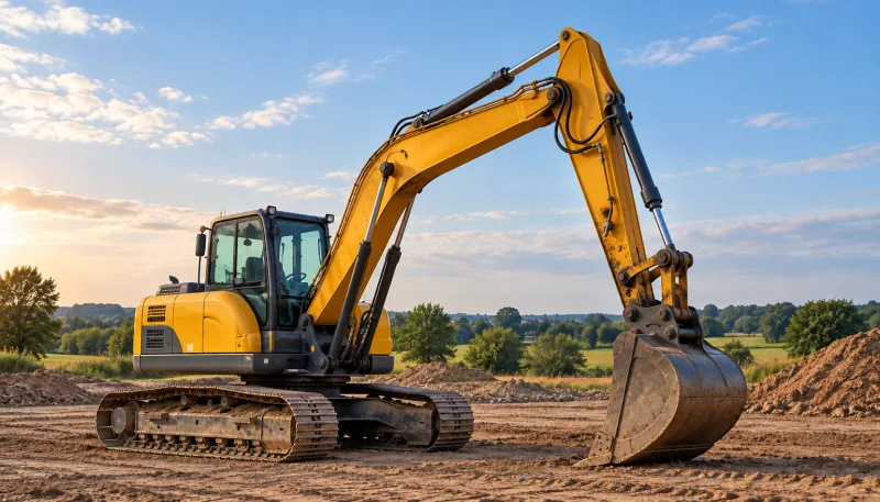 Gelber Kettenbagger auf einer Erdbaustelle